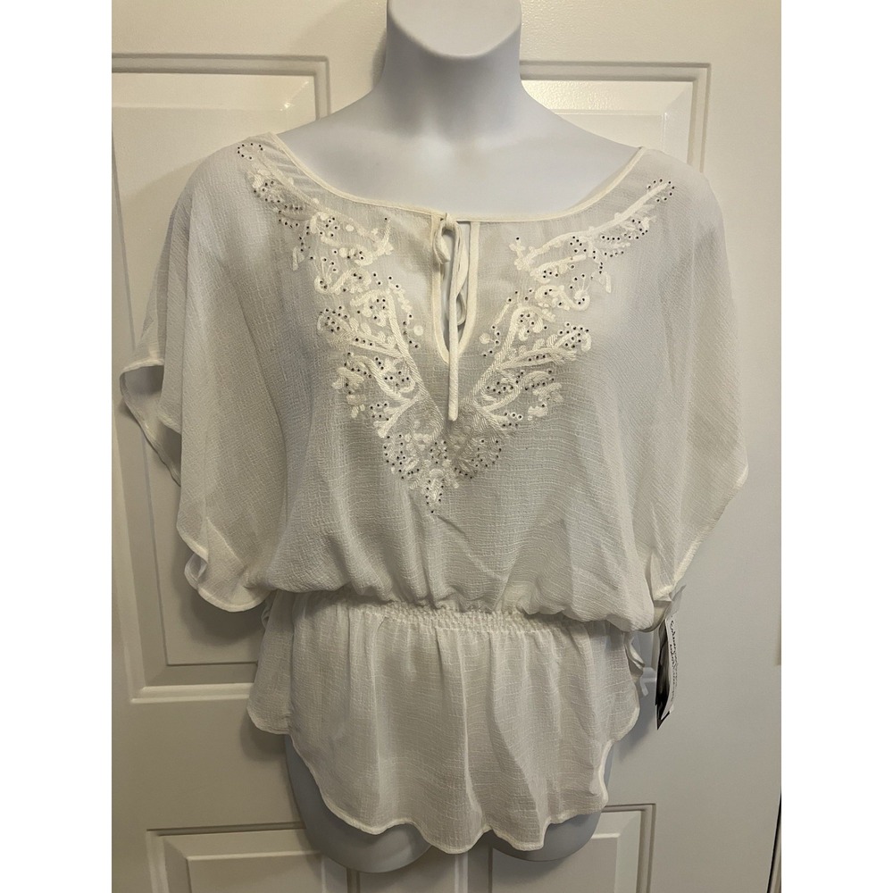 Peter Nygard NWT Women's Size 16 Ivory Blouse Shirt Sheer Beaded Embroidered L